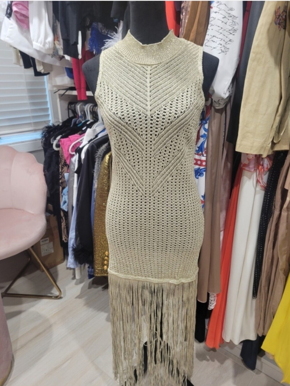 Zara Cream Crochet Midi Dress with Fringe Hem